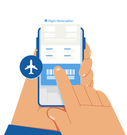 Illustration of hands holding a phone showing an online flight ticket with a barcode