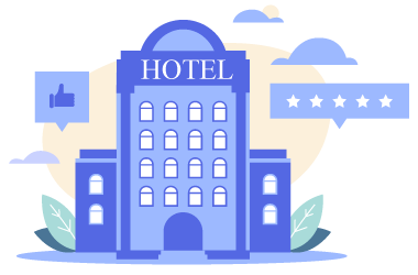 Illustration of a hotel building with a five-star rating and a thumbs-up review