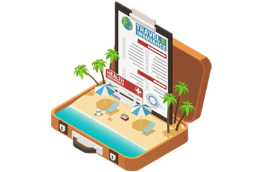 Illustration of an open suitcase holding a beach scene, a travel insurance policy and a health cover card