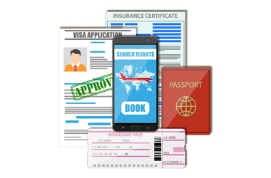 Illustration of an insurance certificate, an approved visa application, a passport and a boarding pass beside a phone showing a flight search